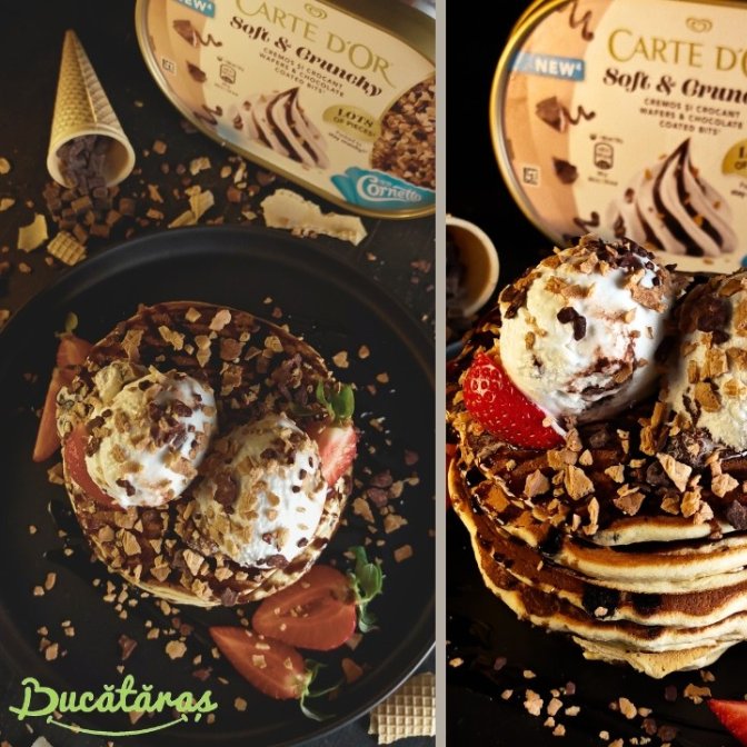 Clătite americane cu fructe, înghețată și topping crunchy